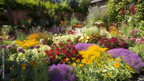 A vibrant flower garden with an array of colors, including purple, yellow, and red, in a sunny backyard