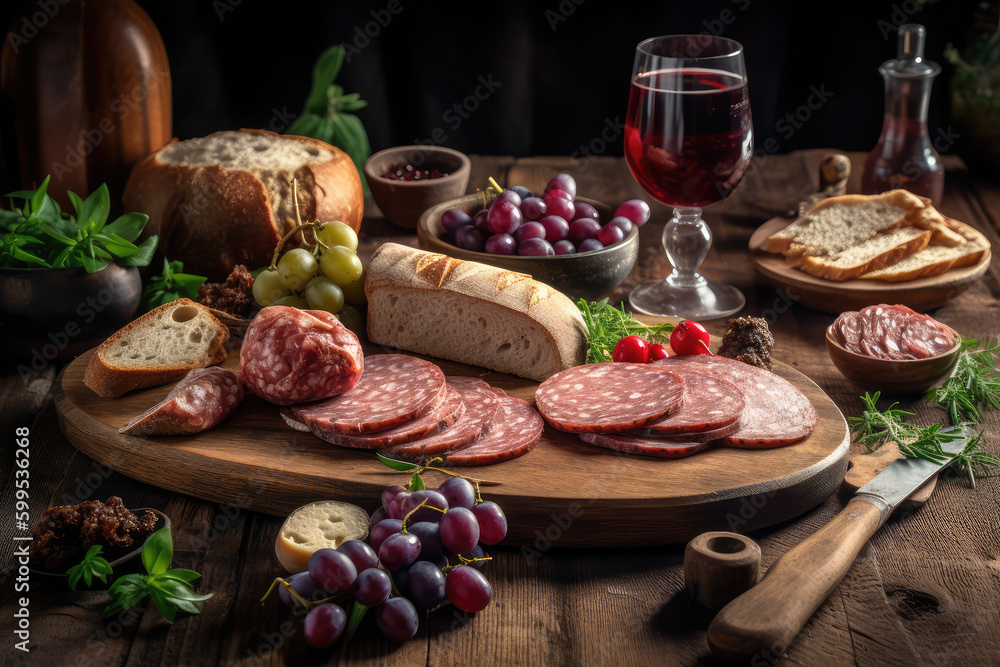 Gastronomic Delight. Culinary experience of a stunning charcuterie board with a variety of pork sausages, artisanal meats, cheese, and more. Copy space. Food photography concept. AI Generative