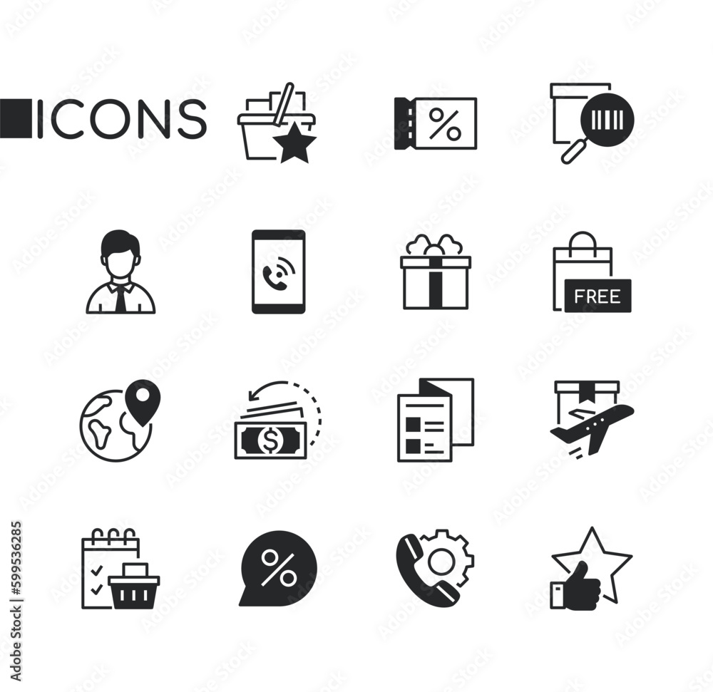 Shopping and delivery - set of line design style icons Shopping and delivery - set of line design style icons