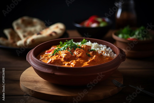  Illustration of a Bowl of Chicken Tikka Masala , an Indian Food, served on a plate on a wooden table, AI Generated