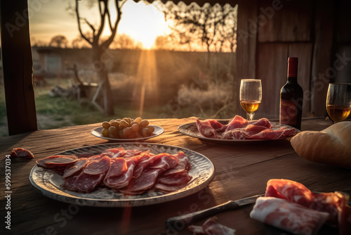 Farm to Table: The Artisanal Production of Spanish Embutidos in Picturesque Countryside, Tradition of Charcuterie, Enchidos, Cured Meats and wine - Rural Landscapes AI Generative	 photo