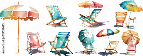 Set of deck chairs and umbrellas for the beach, sea equipment. Watercolor vector illustration.