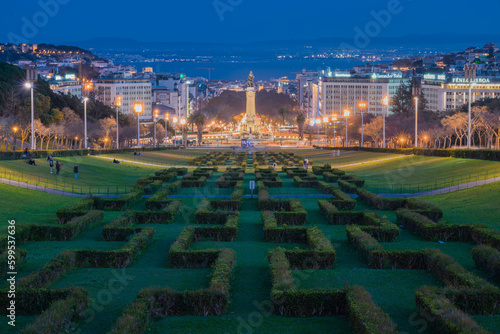 Eduardo VII Park in LIsbon at sunset with the city in the background photo