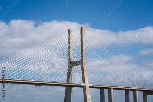Close up view of a tower of Vasco da Gama bridge in Lisbon, Portugal © Sen
