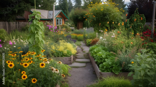 A rustic garden with a variety of colorful flowers and plants, including daisies and sunflowers, in a charming countryside setting. © CanvasPixelDreams