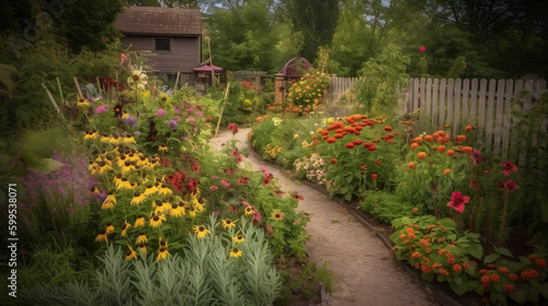 A rustic garden with a variety of colorful flowers and plants, including daisies and sunflowers, in a charming countryside setting