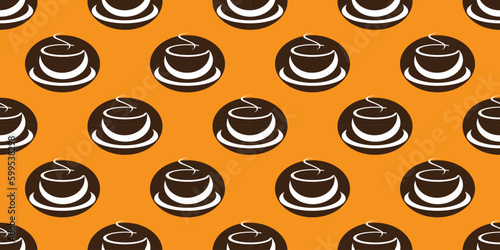 Many Brown Coffee Cup or Soup Bowl Symbols Seamless Pattern on Wide Scale Orange Background - Design Template in Editable Vector Format