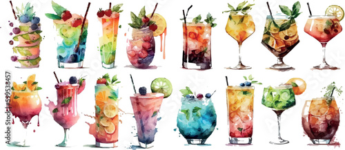 Set of vector watercolor colorful fruity summer cocktails. Summer party. Floral poster, invitation. Vector arrangements for greeting cards or flyers
