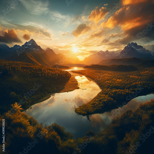 Cinematic Landscape Photo of Breathtaking Natural Vista at Sunrise or Sunset