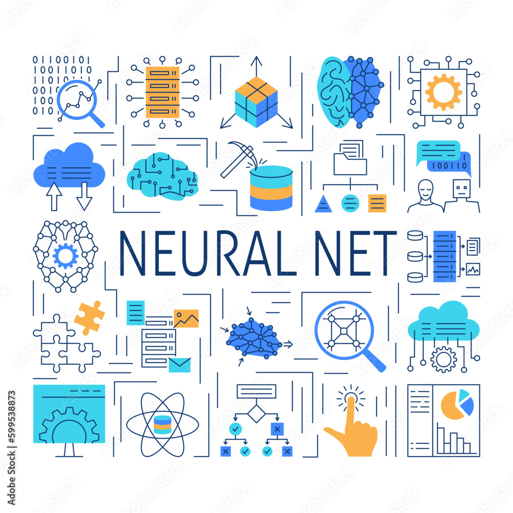 Fototapeta premium Artificial neural network banner in line style