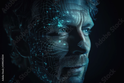 Futuristic potrait of man with glowing lines, created with Generative AI.