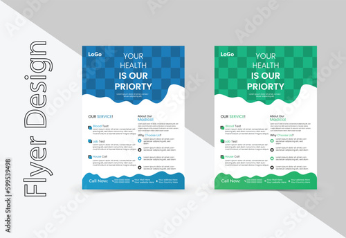 Medical flyer template design. Flyer template design set with Blue and Green. Vector illustration print template.