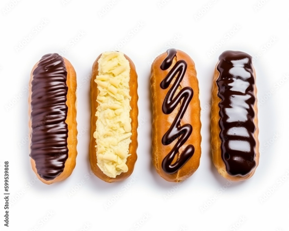 Scrumptious set of eclairs on a white background, Generative AI Scrumptious set of eclairs on a white background, Generative AI
