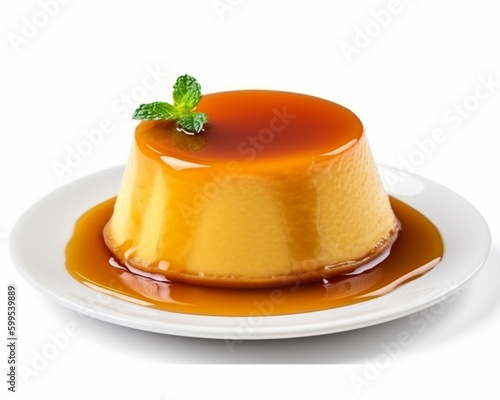 Delightful flan with mint leaf on a white background photo