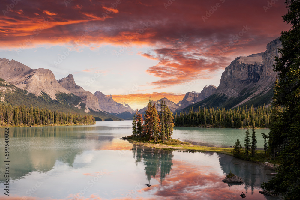 Spirit island dramatic sky at sunset at Jasper national park, Canada