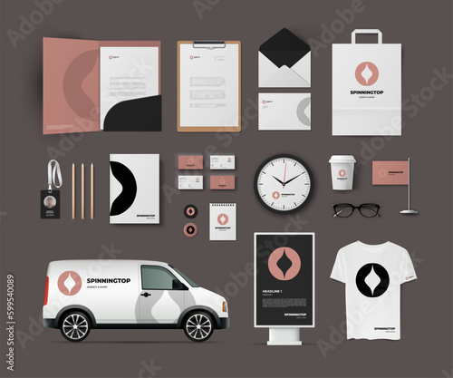 Branding vector template. Corporate identity mega pack with circle logo and brown background in minimal style. Modern stationery design.