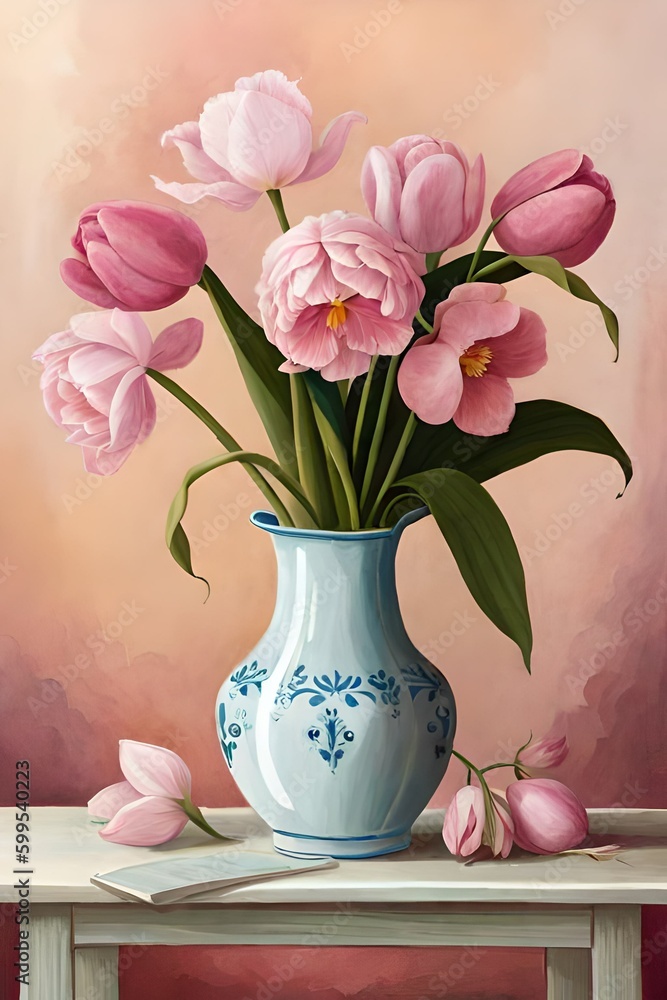 Pink Tulips flower arrangement in a stylish vase, Generative AI