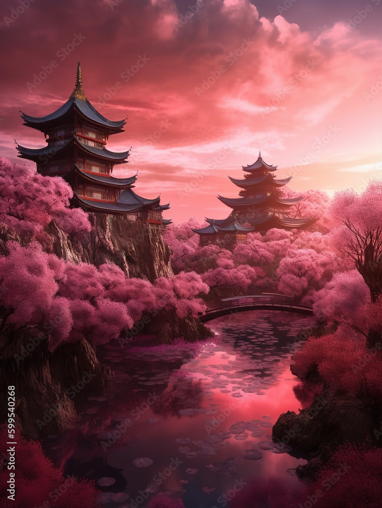 Obraz premium Cherry blossom trees and lake water in spring,created with Generative AI tecnology.