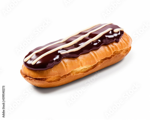 Scrumptious eclair with chocolate glaze on a white background, Generative AI