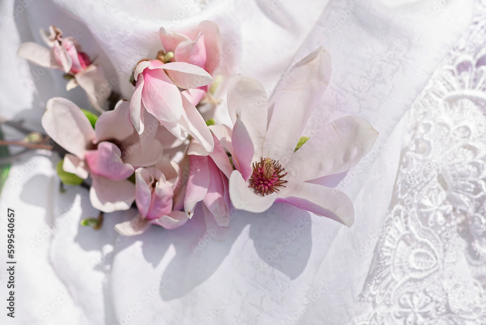 bouquet of Magnolia flowers on a white fabric background. Spring mood. delicate flower bouquet of Magnolia flowers on a white fabric background. Spring mood. delicate flower