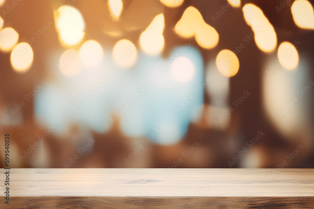 Wood Table in Restaurant with Bokeh Background. created with Generative AI Wood Table in Restaurant with Bokeh Background. created with Generative AI