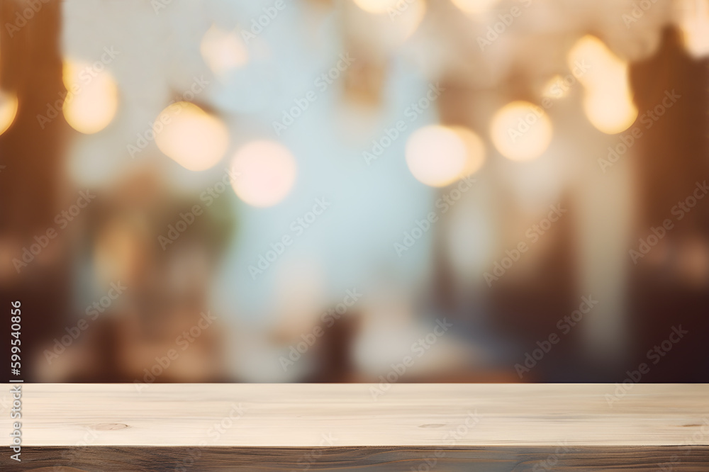 Wood Table in Restaurant with Bokeh Background. created with Generative AI