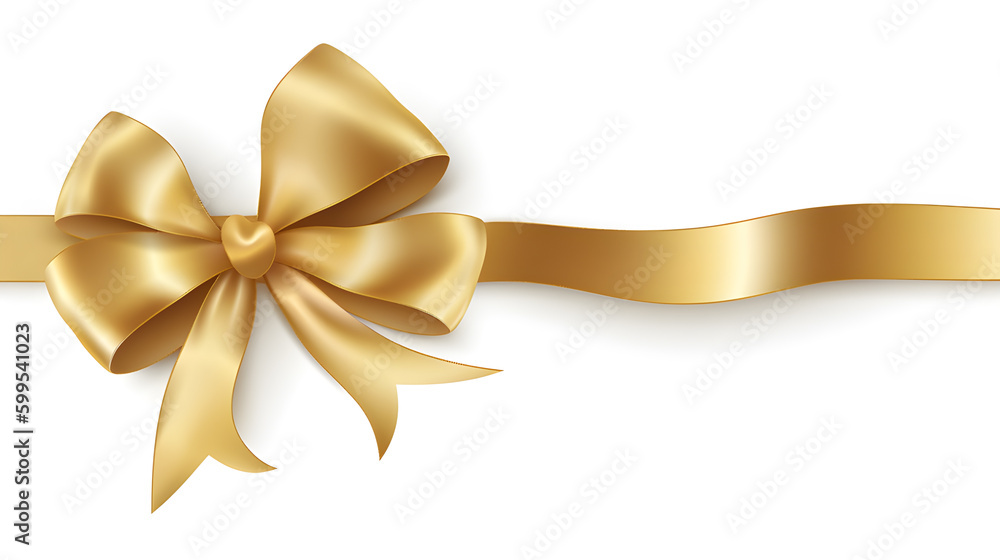 Luxurious Golden Bow with Long Ribbon Isolated on Solid White Background. created with Generative AI Luxurious Golden Bow with Long Ribbon Isolated on Solid White Background. created with Generative AI
