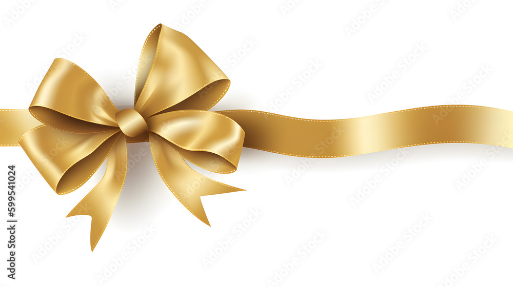 Luxurious Golden Bow with Long Ribbon Isolated on Solid White Background. created with Generative AI Luxurious Golden Bow with Long Ribbon Isolated on Solid White Background. created with Generative AI