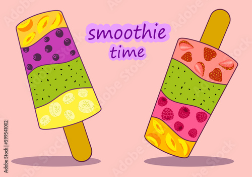 Fruit smoothies ads, kiwi and berries smoothie cup with fresh fruit isolated on chalk board background in 3d illustration