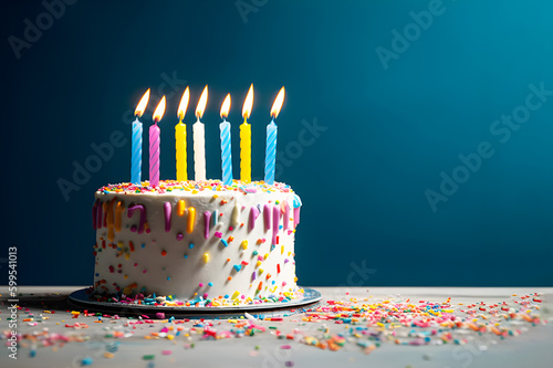 Colorful Birthday Cake with Ten Candles and Sprinkles for Celebrations. created with Generative AI photo