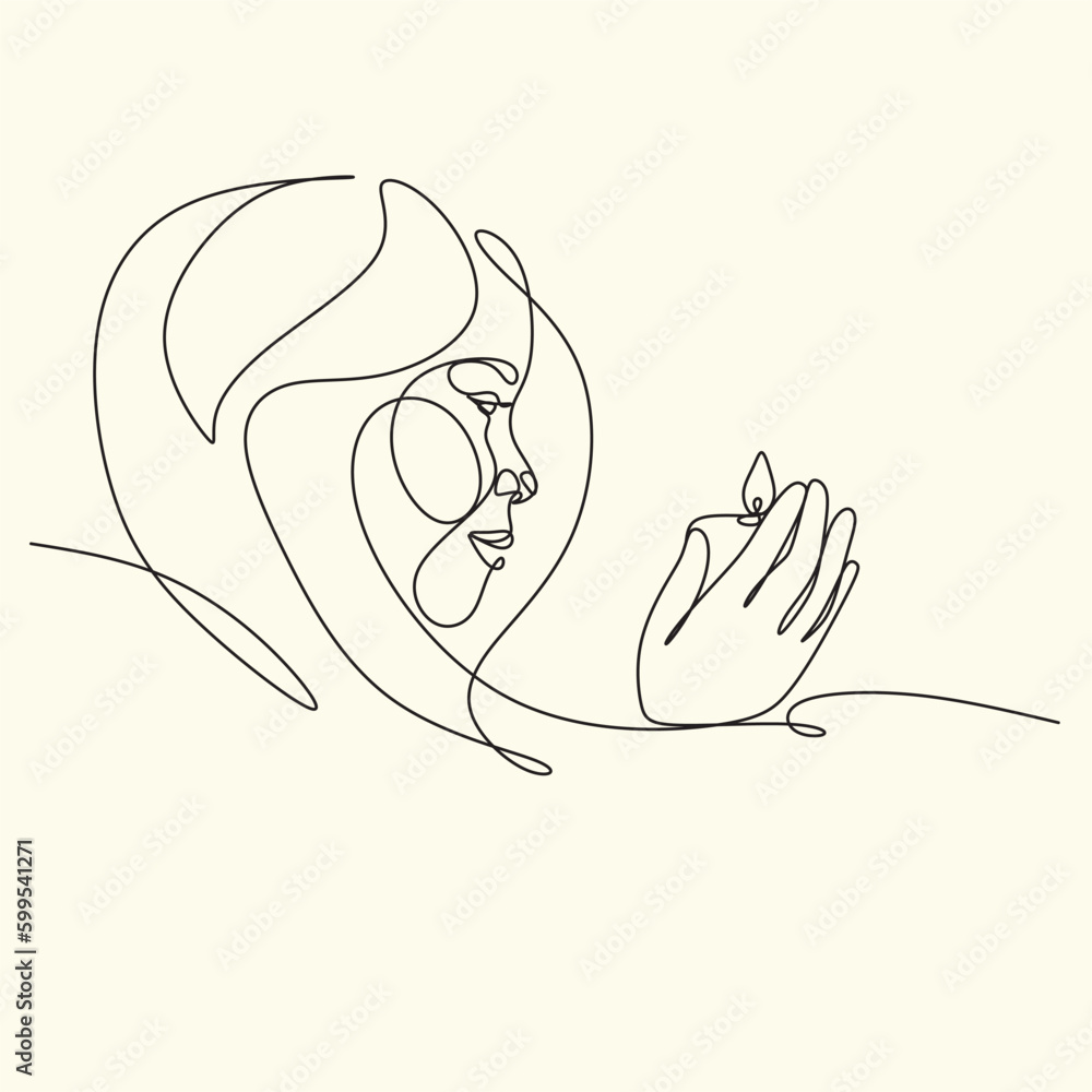 Woman with a candle in a modern single line art style. Human hands holding a memory candle in the hands. Continuous one line drawing of hope family female fire home logo Woman with a candle in a modern single line art style. Human hands holding a memory candle in the hands. Continuous one line drawing of hope family female fire home logo