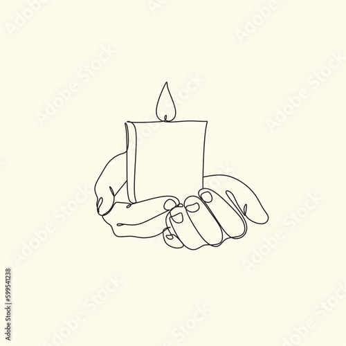 Woman with a candle in a modern single line art style. Human hands holding a memory candle in the hands. Continuous one line drawing of hope family female fire home logo