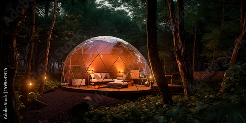Campsite geodesic glamping bubble dome with leds in the forest. Generative AI