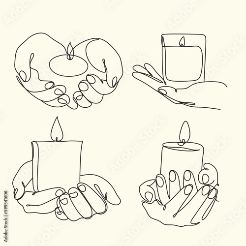Woman with a candle in a modern single line art style. Human hands holding a memory candle in the hands. Continuous one line drawing of hope family female fire home logo