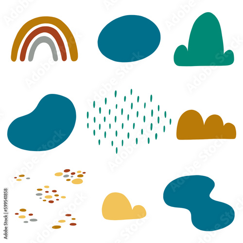 Vector collection of landscape elements for creating your design. Rainbow, rock, lake, bush, grass, hill