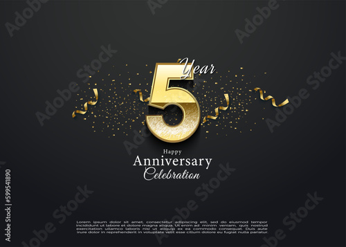 5th anniversary with a delicate golden number. vector premium design. photo