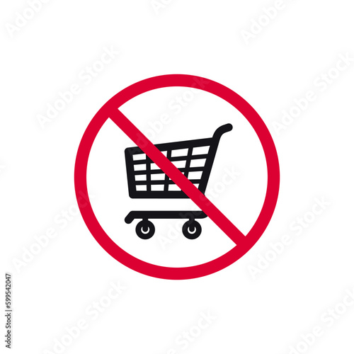 No shopping cart prohibited sign, no trolley forbidden modern round sticker, vector illustration.
