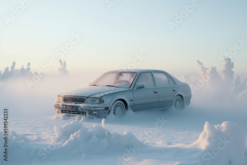 Frozen car stuck in snowdrift on road covered with snow after snowfall, winter landscape. Ai generated