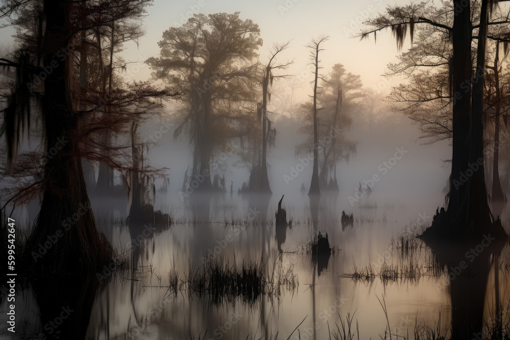 Misty Swamp at Dawn with Cypress Trees Silhouetted Against the Sky, generative ai
