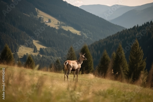 Majestic Mountain Meadow Stunning View of Grazing Deer in their Habitat  generative ai