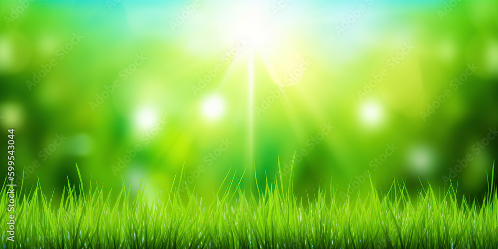 Fresh green grass background in sunny summer day. A natural spring garden background of fresh green grass for product display. generative ai. Blurred nature background