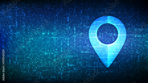 Point of location sign made with binary code. Pointer of map. Matrix background with digits 1.0. Gps pointer graphic element. Navigation pin point global position system symbol. Vector illustration.