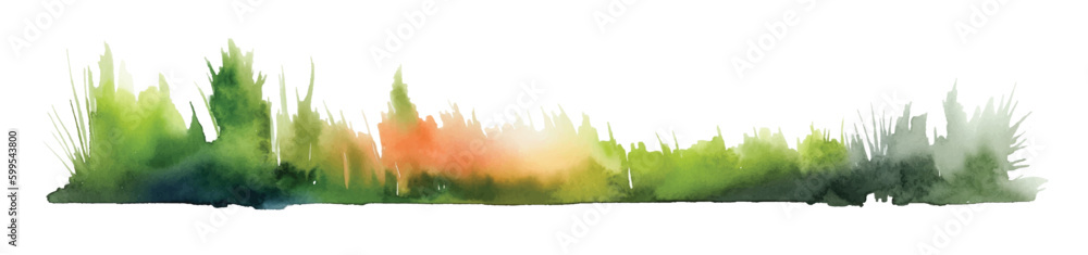 Watercolor line of green grass., isolated on white background. Horizontal bar element, divider, separator, footer for your design. Vector illustration.