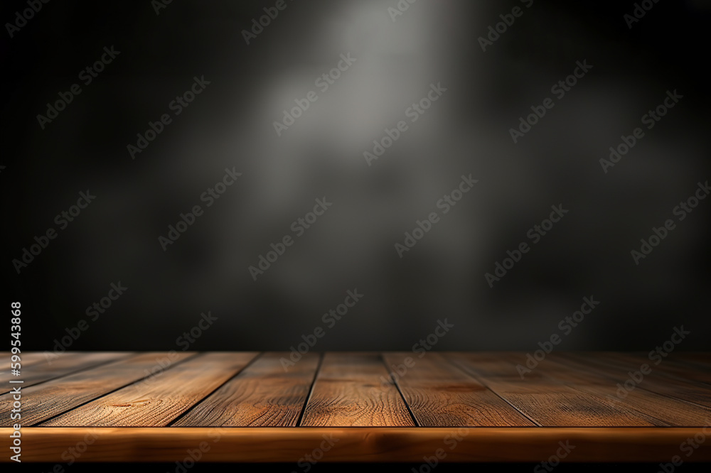 Minimalist Wooden Table with Dark Bokeh Background. created with Generative AI Minimalist Wooden Table with Dark Bokeh Background. created with Generative AI