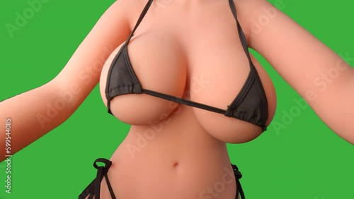 Green screen: an erotic, cartoon style close up of the torso of a doll, resembling a woman with very large breasts in a micro bikini. Moving around a bit, shaking her breasts.