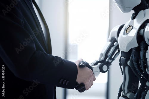 Business people and robot working together. AI Generative.