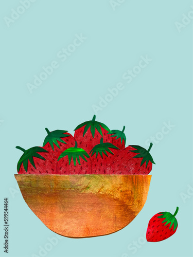 ボールに入ったイチゴの手描き切り絵イラスト、コピースペースのある苺の手描きイラスト素材、いちごのイラスト、いちごの絵のコラージュ
