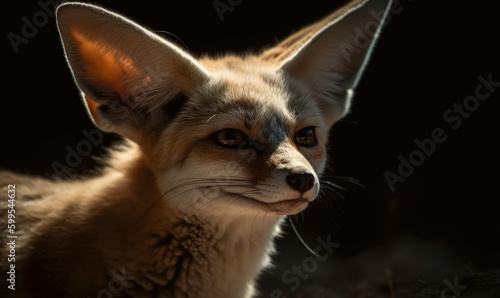 Photo of fennec in the wild  captured in its natural desert habitat  its ears alert and its eyes fixed on its prey.