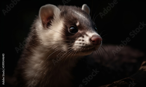 close up photo of ferret with black backdrop. Generative AI © Bartek