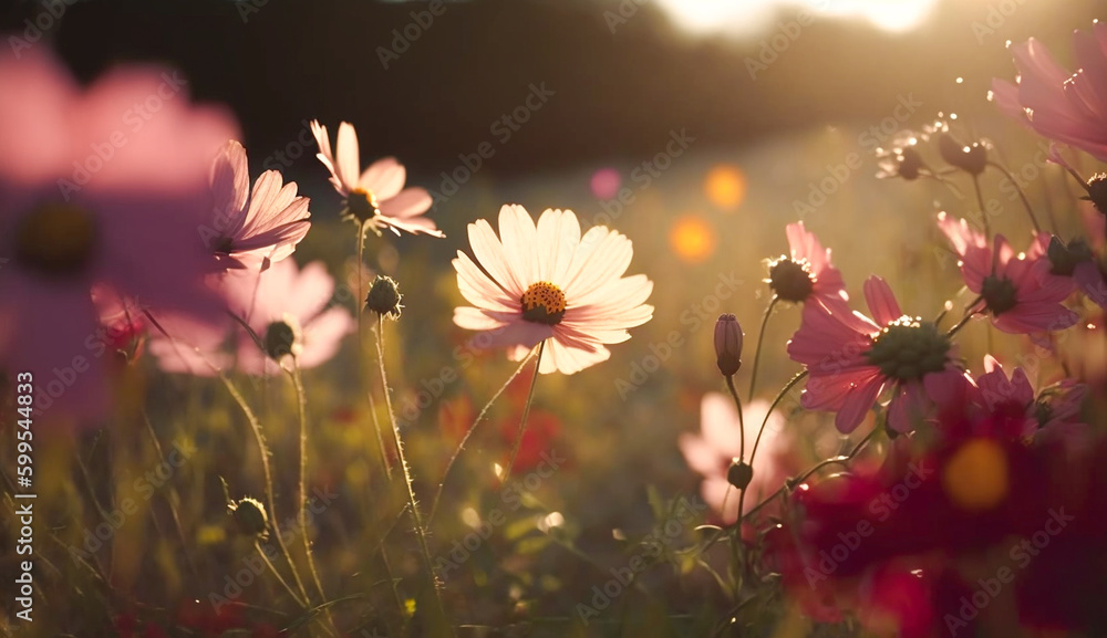 cosmos flowers on spring and summer season, blooming at colorful wild flower field with natural sunlight background scene